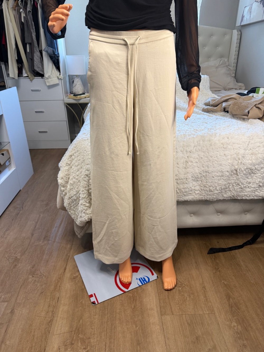 Cream Wide-Leg Drawstring Lounge Pants